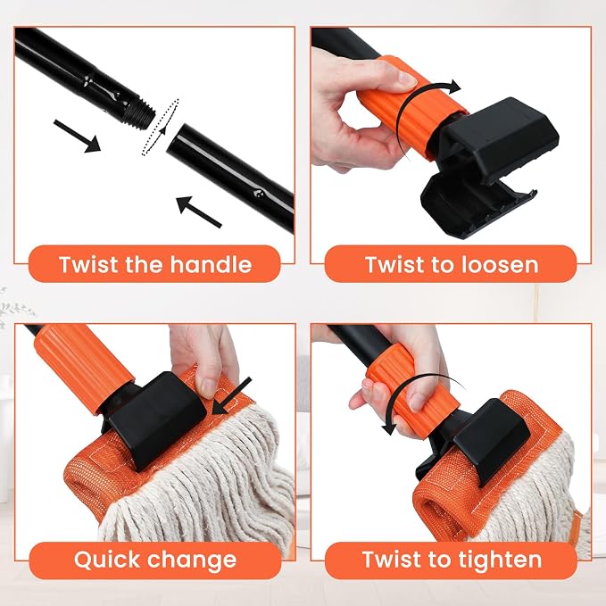KalTell (2PK) Commercial Wet Mop Handles Replacement, Heavy Duty Jaw Clamp Style Mop Stick, Industrial Mop Grippers-Savety Orange