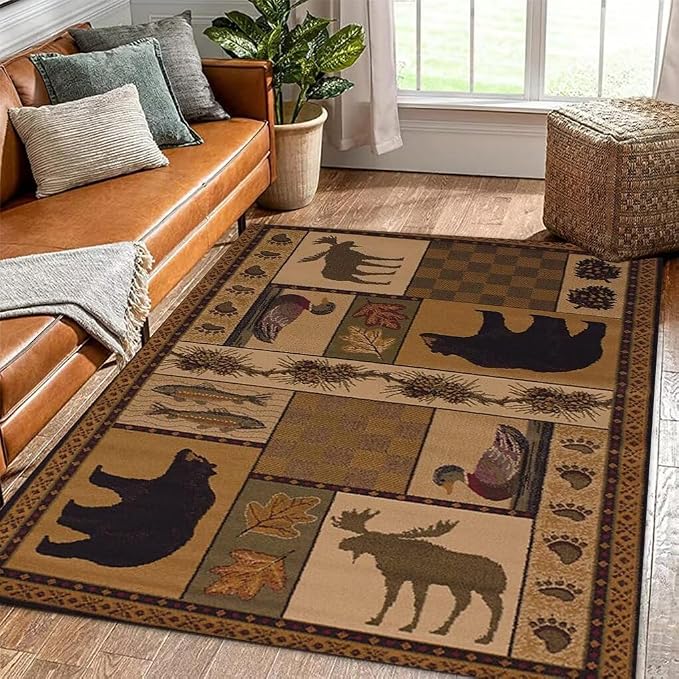 Rustic Cabin Deer Rugs 4x6ft Lodge Bear Fish Area Rug for Laundry Room Dining Room Under Table Non-Slip Wildlife Bear Moose Entryway Mat