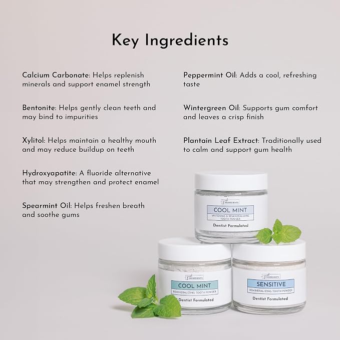 JUST INGREDIENTS Remineralizing Tooth Powder - Fluoride-Free - 1 oz | Hydroxyapatite Formula, Bentonite Clay, Calcium Carbonate, Vegan, Gluten Free, Sensitivity Relief, Adult And Tweens