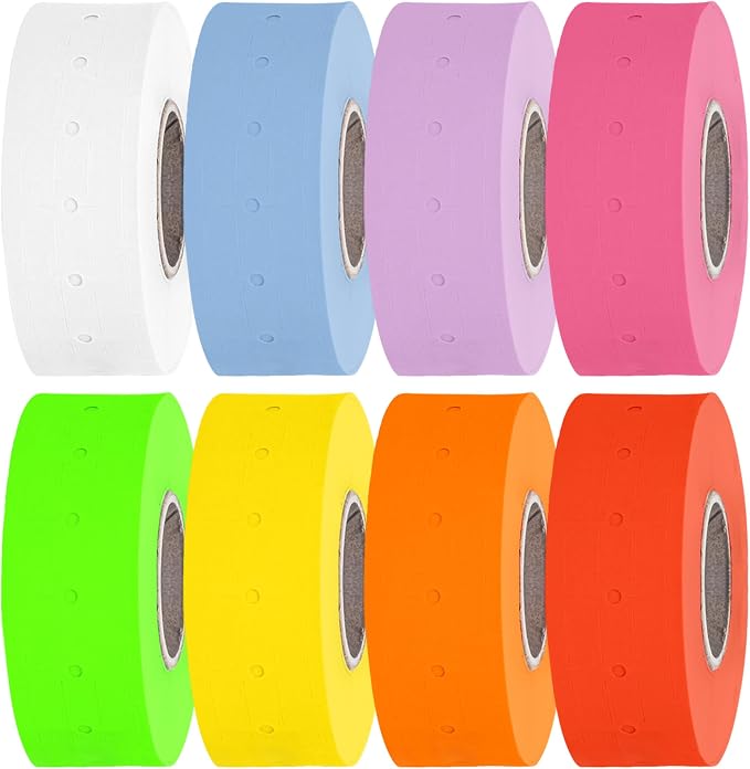 Perco 1 Line Multicolored Sleeve— 8,000 Labels for Perco Lite, X, Plus & Pro Guns—Includes White, Yellow, Blue, Lavender & Fluorescent Colors (Red, Green, Pink, Orange)— 8 Rolls, 1 Sleeve—Made in USA