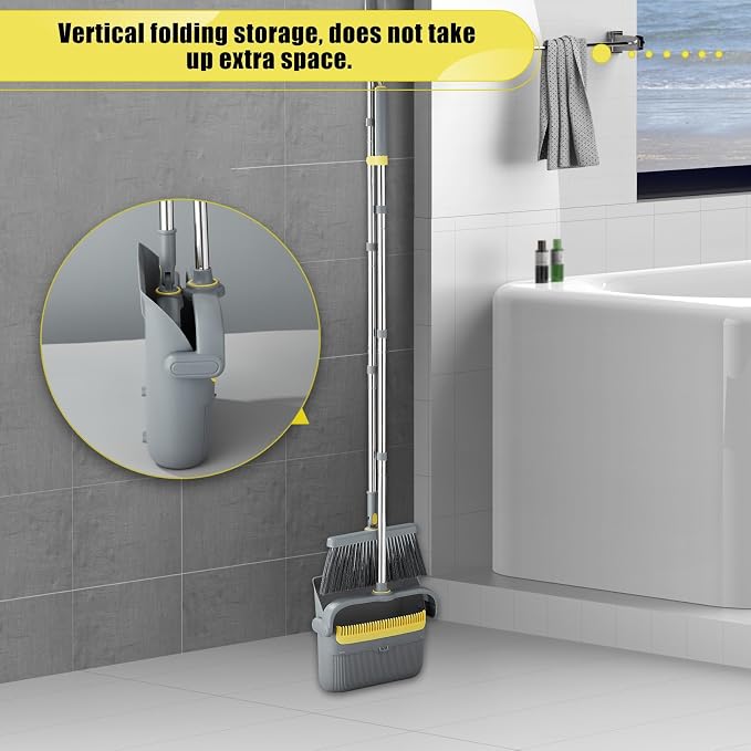 Broom with Dustpan Combo Set, 52'' Long Handle Stainless Steel Poles, Self Cleaning Dustpan Teeth for Home Sweeping Indoor Outdoor Kitchen Office Restaurant Apartment Pet Hair Cleaning Tools