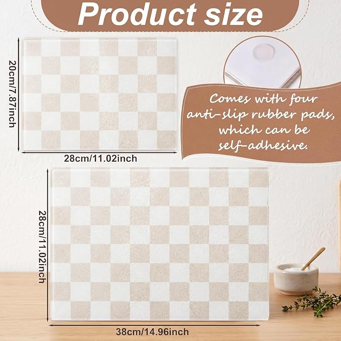 Thenshop Set of 2 Tempered Glass Cutting Boards Beige Check Countertop Cutting Boards Heat Resistant, with Non-slip Feet for Kitchen Counter Housewarming Wedding Gift 7.9x11inch+11x15 Inch
