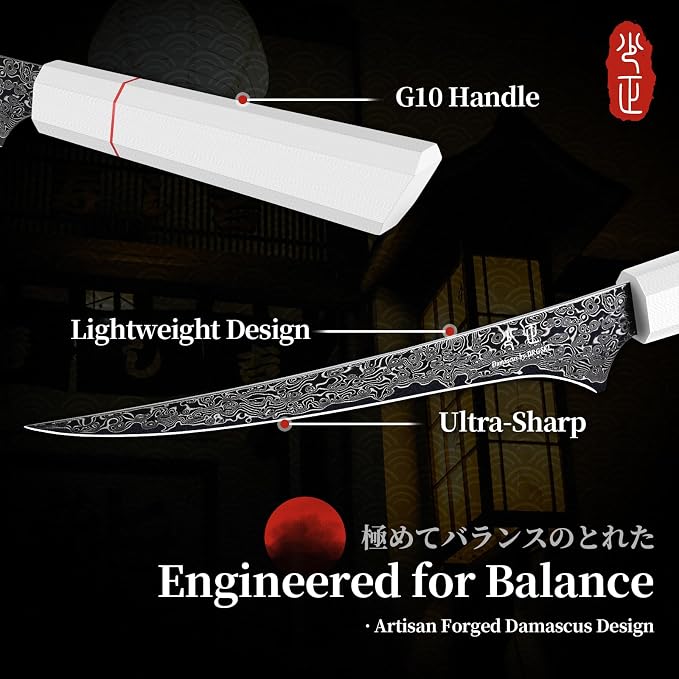 DRGSKL Damascus Fillet Knife 7 Inch - VG10 Razor Sharp Slicing Knife | Japanese VG10 Core, Black Anti-corrosion Coating, Damascus Blade, G10 Handle, Gift Box, Wet Edge Grinding Technology