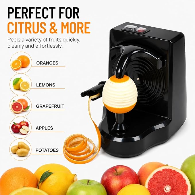Electric Orange Peeler Automatic Fruit and Vegetable Peeler Machine, Peels Apples, Potatoes, Citrus, Stainless Steel Blade, Compact White (Black)