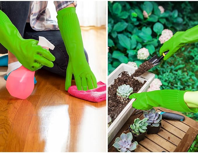 Vgo... 1-Pair Dishwashing Gloves, Reusable Household Gloves, Kitchen Gloves, Long Sleeve, Thick Latex, Cleaning, Washing, Working, Painting, Gardening, Pet Care (Size L,Green, RB2143)