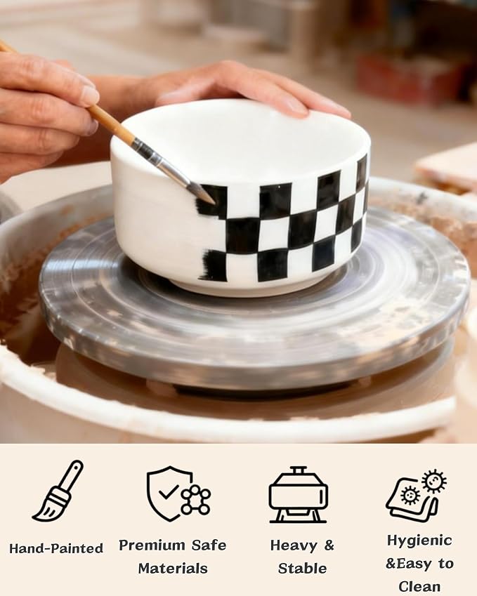 TRUVIC Ceramic Dog Bowl with Wood Stand, Black and White Checkered & Striped Dog Food and Water Bowl, 2 Cup/14 oz Elevated puppy food bowl for Medium Dogs, Dishwasher Safe, Modern Geometric, Checkered