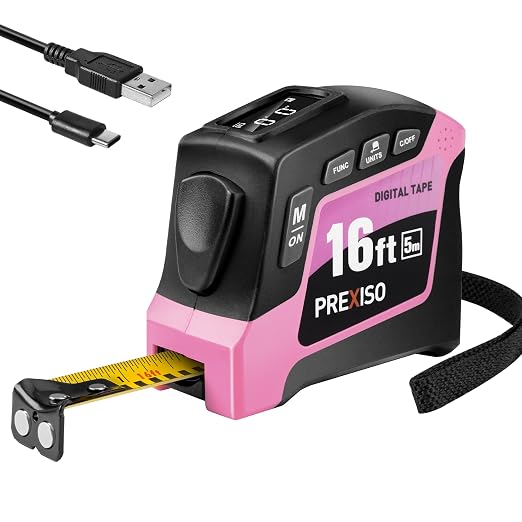 PREXISO 2-in-1 Digital Tape Measure - 16Ft Pink Digital Measuring Tape Rechargeable, Ft/Ft+in/in/M/CM/MM Unit - Metric & Inches Retractable Electronic Tape Measure Auto Lock, Pythagorean, Area, Volume
