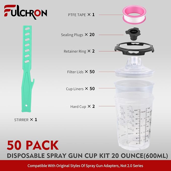 Disposable Paint Cups for Spray Guns, 50PCS 6oz (160ml) Paint Mixing Cup System with Lids, 2 Hard Cups & Retainer Rings, Ideal for Automotive Paint, Primer, Sealer and Clear Coat