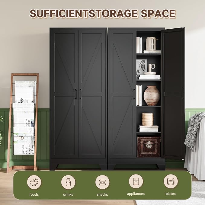 75" H Metal Storage Cabinet with 2 Doors and 4 Shelves,Tall Kitchen Pantry Cabinets,Farmhouse Utility Pantry Organizers for Cupboard/Dining/Bathroom/Home Office/Garage Room,Black