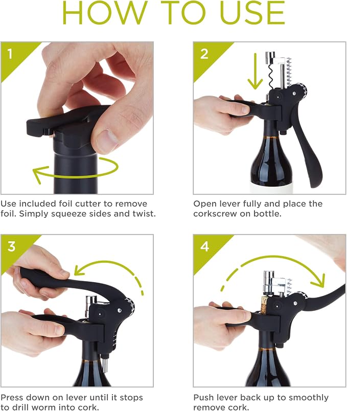 True Virtuoso Easy Lever Corkscrew Wine Opener Manual, Stainless Steel Corkscrew Wine Opener with Foil Cutter and Ergonomic Soft Touch Handle, Black