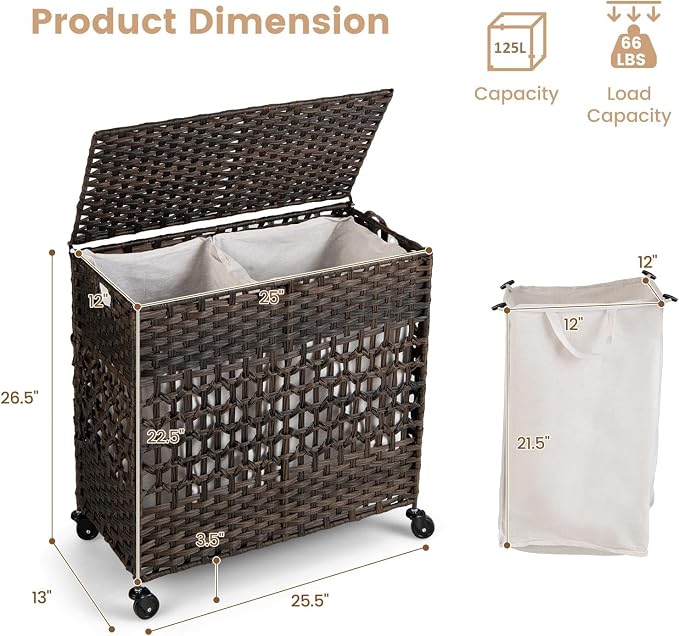 Giantex Laundry Hamper with Wheels and Lid, 33 Gal (125L) Wicker Laundry Basket, 2 Removable Liner Bags, Handles and Pulling Strap, Synthetic Rattan Rolling Laundry Hamper Clothes Storage