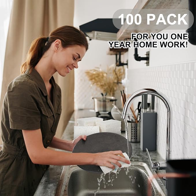 Zhengmy 100 Pieces Sponges Bulk Sponges Kitchen Compressed Sponge Natural Dish Sponge Compressed Wood Pulp Cleaning Without Scratching for Kitchen Bathroom, 3.9 x 2.4 x 0.12 Inch (White)