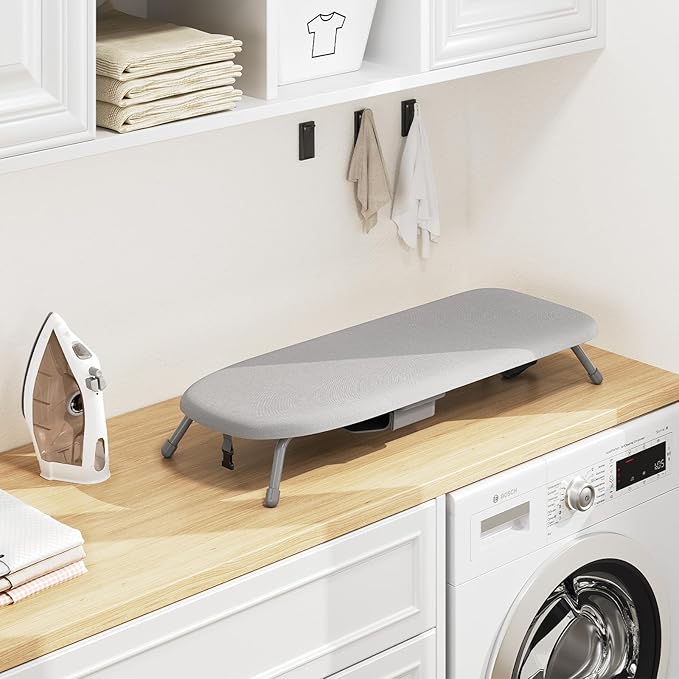 Kingboard Small Ironing Board with Iron Holder, Tabletop Iron Board with Resistant Cover, Portable Table top Ironing Board with Non-Slip Feet for Home Travel, 12 * 32 Grey