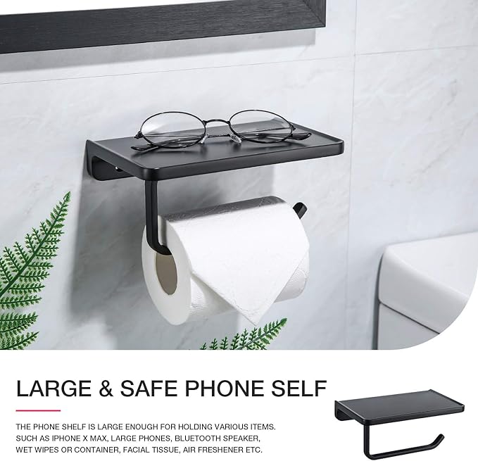 TRUSTMI Toilet Paper Holder with Phone Shelf Solid Metal Bathroom Hardware Accessories Tissue Roll Dispenser Storage Wall Mounted, Matte Black