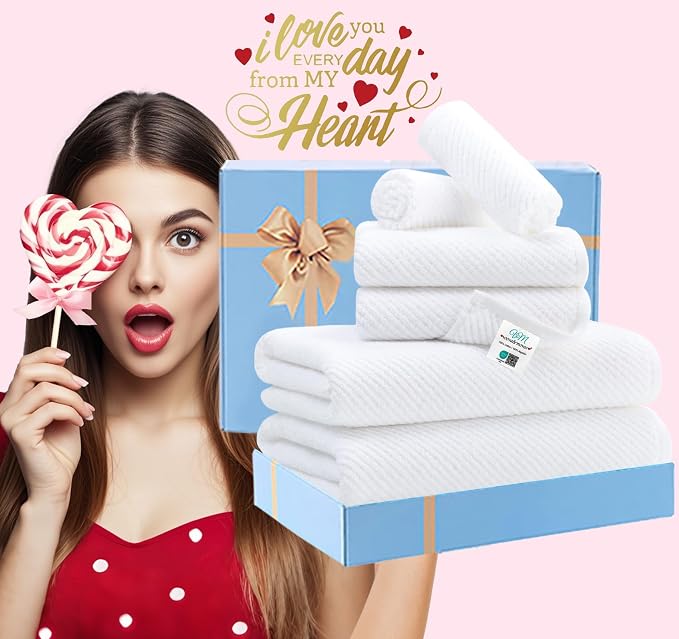 VOOVA & MOVAS White 6PC Towel Set, 100% Cotton | 2 Large Bath 30x56 In, 2 Hand 18x28 In, 2 Wash Cloths 13x13 In, Quick Dry, Thick, Hotel Shower Towel Luxury