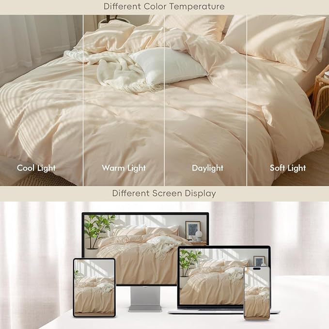 MooMee Bedding Duvet Cover Set 100% Washed Cotton Linen Like Textured Breathable Durable Soft Comfy (Solid Sandy Beige, Twin 68"x90")