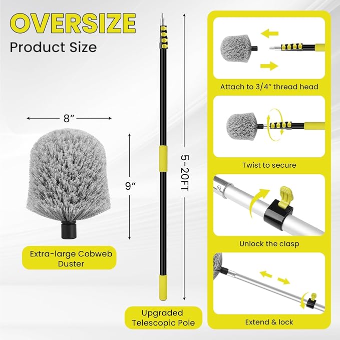 26FT High Reach Cobweb Duster with Extension Pole, Spider Web Brush for Cleaning with 5-20FT Telescopic Pole, 8" Larger Extendable Duster for High Indoor & Outdoor Webs