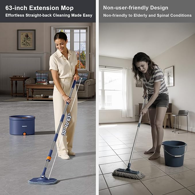 HoMettler Spin Mop and Bucket Set, Mop Bucket with Separate Dirty Water System, Deep-Cleaning Mops for Floors/Wall, Versatile Mops (Spin Mop Set with Triangular Head)
