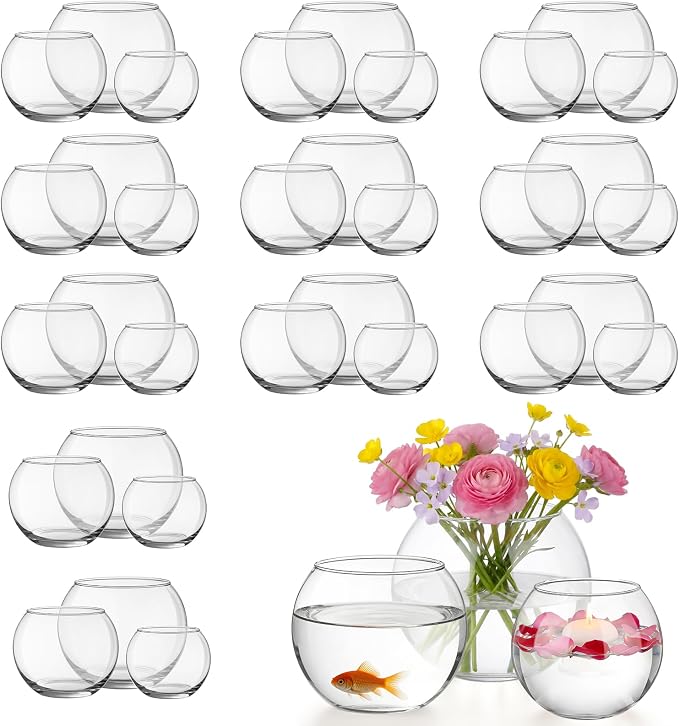 Sawysine 36 Pcs Fish Bowl Vase Bulk Round Glass Vases for Centerpieces | 4.5''Wx3.9''H, 3.9''Wx3.15''H, 3''Wx2.4''H Bubble Candle Dish for Wedding Event Table Goldfish Planter Floral DIY Home Decor