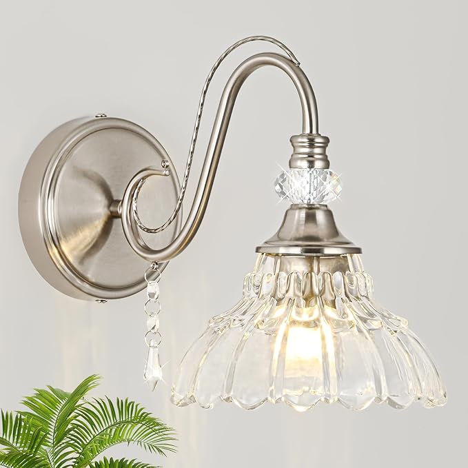 1 Piece Brushed Nickel Finish Wall Sconce, 1-Light Modern Wall Sconce with Hanging Crystal Accents and Flower-Shaped Clear Shades for Bathroom Bedroom Living Room,Modern Vanity Light