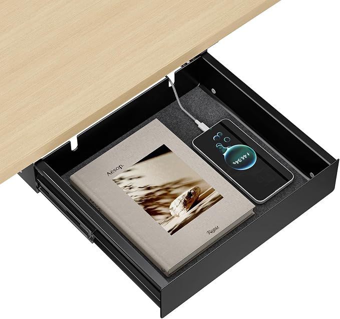 Under Desk Drawer,11.9 inch Carbon Steel Slide-Out Under Table Storage Organizer With Full Extension Ball-Bearing Slides,Undermount Drawer For Standing Desk & Home Office,Black