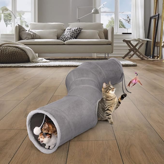 Ownpets S-Shape Cat Tunnel Toy 48"L x 10"D, for Cats, Puppies & Small Pets | Collapsible for storage, tear-resistant oxford fabric, connects to other tunnel, with peek hole, feather wand, indoor/outdoor