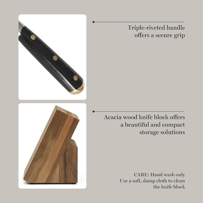 Martha Stewart 16-Piece Lockton High Carbon Stainless Steel Knife Block Set - Forged Full Tang Chef Knives, Acacia Wood Block, Triple Riveted Handles, Black & Gold