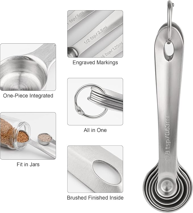 Measuring Spoons Set 6 with Flat Bottom, 18/8 Stainless Steel Measuring Spoons Set for Dry & Liquid, Metric & US Markings Measuring Tools for Kitchen & Baking
