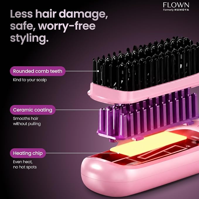 FLOWN® Original Go Brush PRO [Five Minutes Hair Styling Routine] - No Damage Heat Brush with USB-C Charger - Electric Travel Pocket Brush for All Hair Types - Pink (Formerly Numoya)