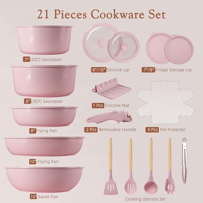 Astercook 21 Pcs Pots and Pans Set Non Stick, Ceramic Cookware Set Detachable Handle, RV Kitchen Cooking Set Removable Handles, Oven Safe, Induction Ready, Stackable, Pink, Fathers Day Gift for Men