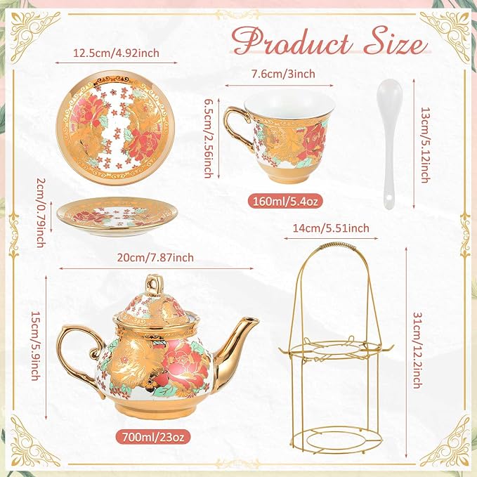 Zhehao 20 Pcs Porcelain Tea Set with Metal Holder and Spoon Adult Ceramic Tea Set European Flower Painting Teapot Cup Saucer Spoon for Women Mom Gift, Large Version (Stylish Style)