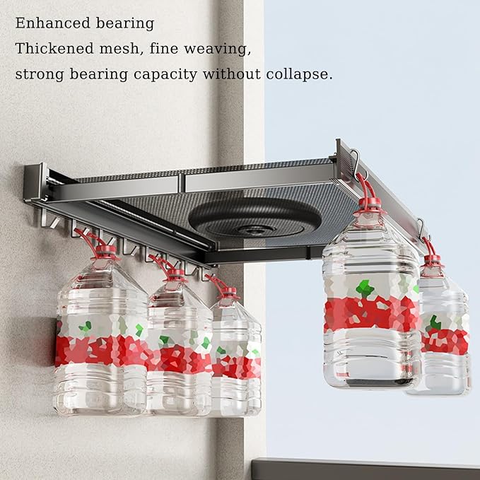 Foldable Bathroom Wall Shelf, Wall Mounted Drying Rack with Adjustable Hook, Air Drying Net, Hidden Telescopic Clothes Drying Rack for Shoes Socks Underwear, Space Saving, Gray/Black/White(Gray)