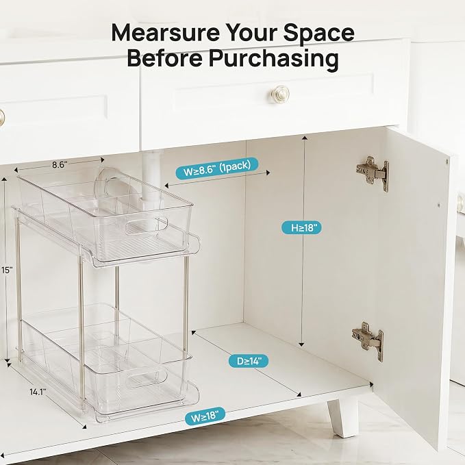 Vtopmart 2 Pack Plastic Larger Higher Bathroom Kitchen Under Sink Organizer (M-Higher)