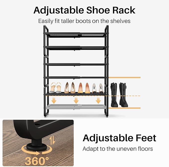 SNTD Shoe Rack - Expandable Shoe Organizer for Closet, Adjustable Metal Shoe Shelf Storage, Stackable Long Shoe Stand Holder for Garage, Entryway, Door Entrance (Black, 6-Tier)