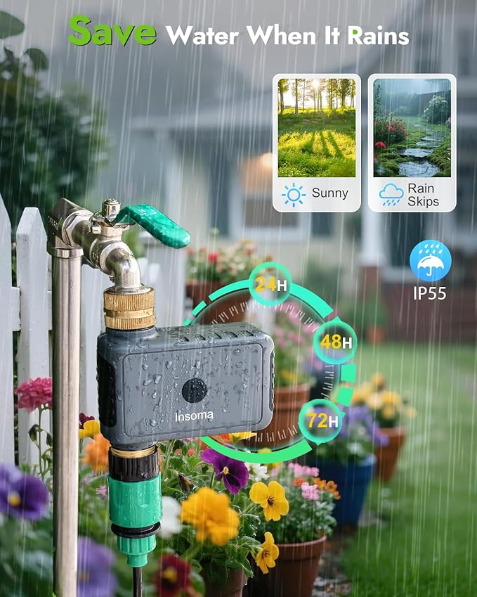 Insoma WiFi Water Timer with Brass Inlet&Outlet, Smart Sprinkler Timer + Auto/Manual/Rain Delay for Garden, Hose Timers with Hub, Up to 20 Watering Plans, APP & Voice Control, Compatible with Alexa