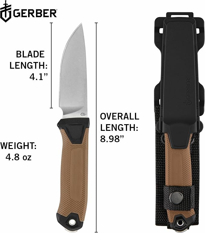 Gerber Gear StrongArm Camp Magnacut - Fixed Blade Survival Tactical Knife for Camping, Outdoor, Hunting - Ergonomic Ambidextrous Utility Tool - Made in USA - Coyote Brown