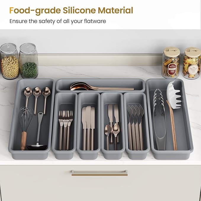 7 Pack Silicone Silverware Drawer Organizer, DIY Free Combination Kitchen Drawer Organizer, Utensil Organizer, Moisture-proof and Heat-resistant up to 200°C, Anti-slip Design (Grey)