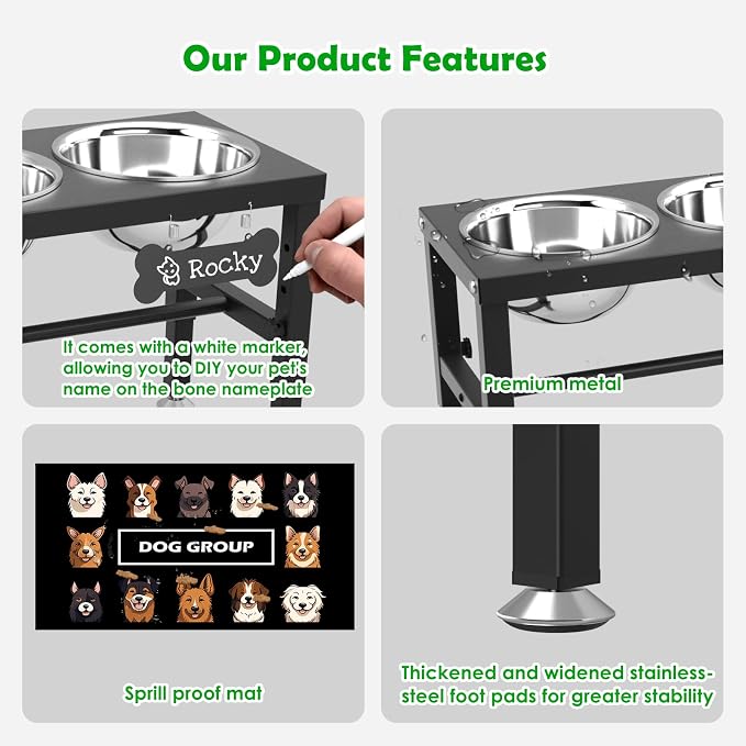 SHAINFUN Adjustable Height Dog Bowl Stand with 4 Bowls for Multi-Dog Homes– Elevated Dog Bowls for Large Breeds with Anti-Slip Mat, Raised Feeding Station with Stainless Steel Bowls