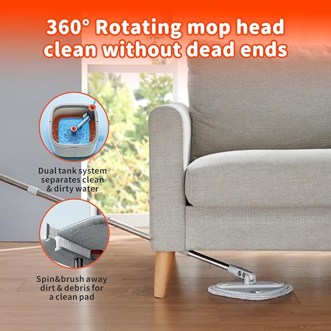 Spin Square mop and Bucket System with Wringer Set for Home with 2 Mop Pads (Grey,White)