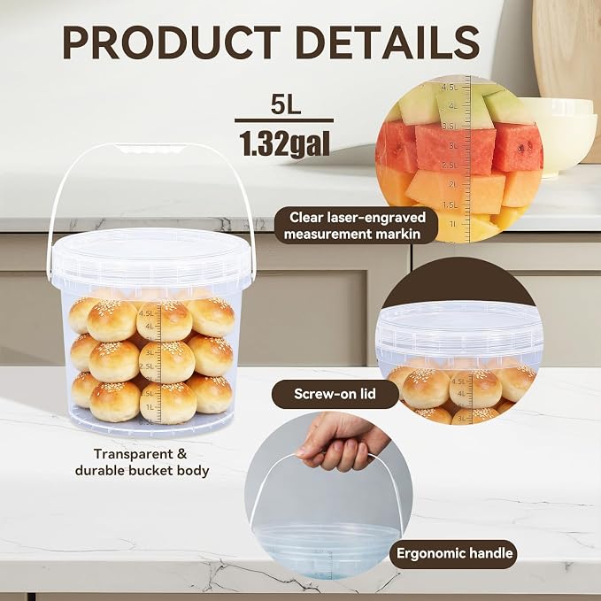3 Pack 2.6 Gal & 1.3 Gallon Bucket with Lid, Clear Plastic Food Storage Containers, Food Grade Buckets with Lids for Ice Cream, Dog Food, Water, Large Quart Container with Handle
