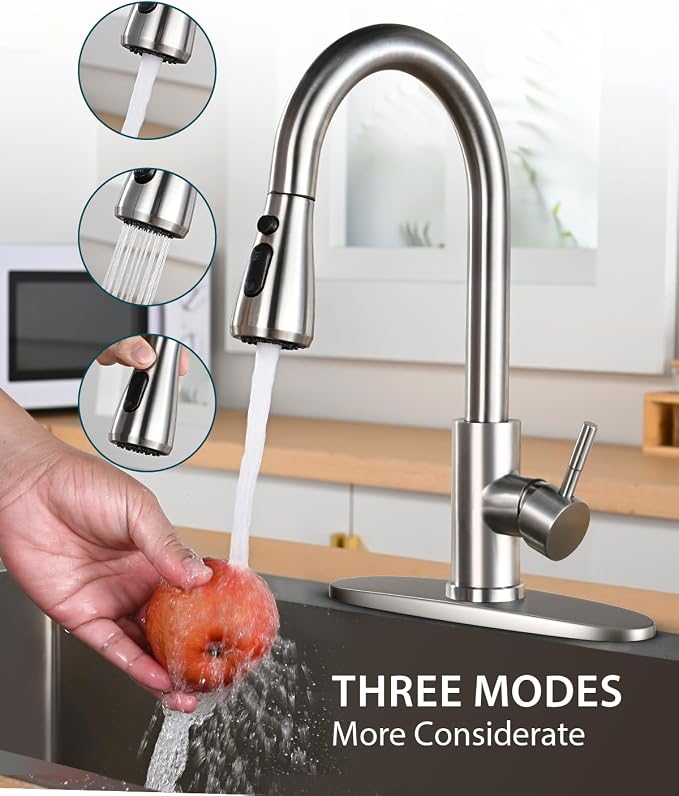 Hiqufet Kitchen Faucet, Pull Down Sprayer, Brushed Nickel, Deck Plate | Easy Install, 360 Swivel, 3 Spray Modes, High Arc Spout, SUS304 Stainless Steel, Fits RV/Laundry/Bar Sinks