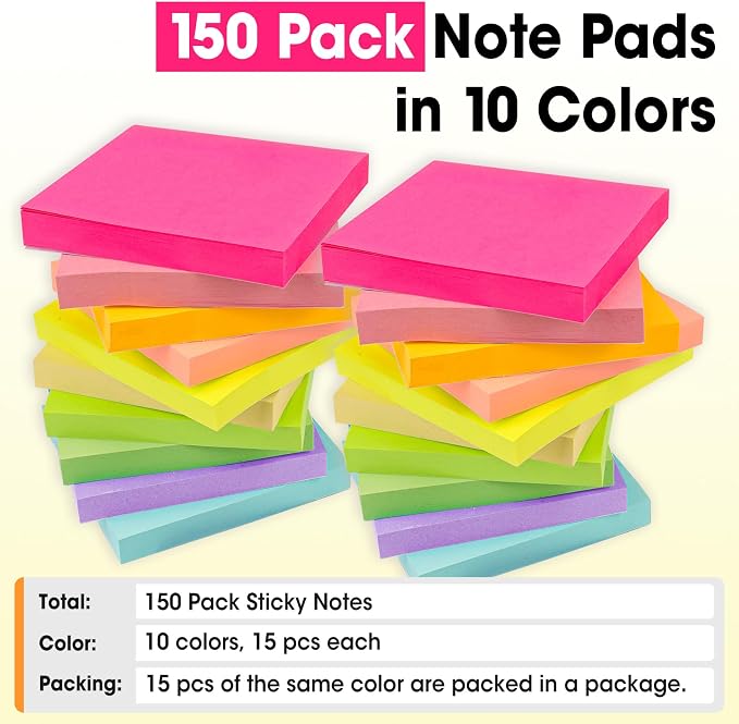 150 Pads Sticky Notes 3x3, Self-Stick Pads Bulk Bright Colors, School Supplies, Office Products, 50 Sheet/Pad