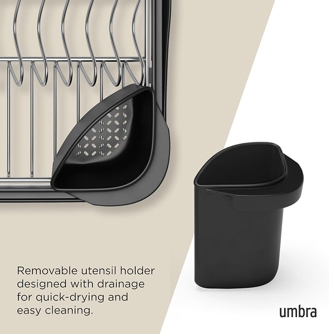 Umbra Sinkin Dish Drying Rack, in Sink or on Counter Drainer, Black/Nickel | Durable steel wire frame, rubber coated feet, low profile design, plastic base
