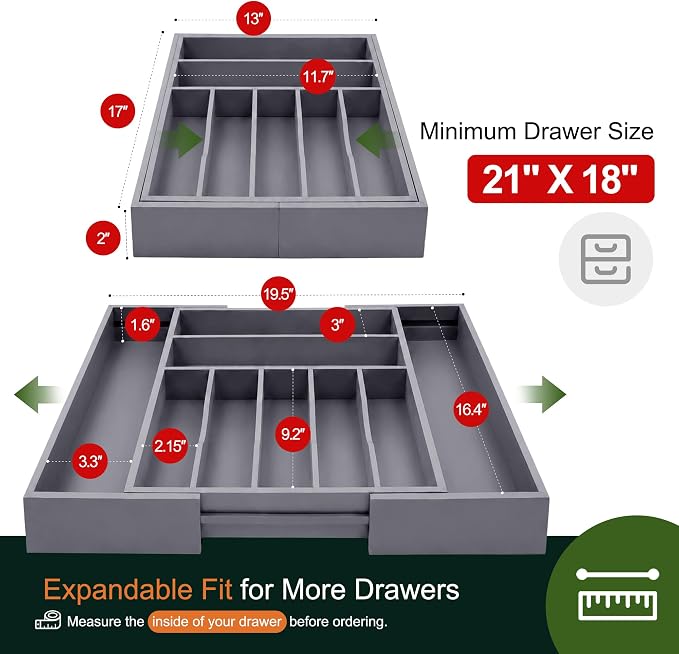 Large Premium Bamboo Silverware Organizer - Expandable Drawer Organizer & Utensil Organizer - 17"x19.7" Cutlery Tray with Dividers for Kitchen Utensils and Flatware (7-9 Slots) (Grey)