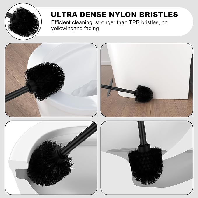 Black Toilet Brush and Holder Set，Stainless Steel Heavy Duty Toilet Bowl Brush，Extra Long Handled Modern Toilet Cleaner Brush with Replaceable Head, Removable Inner Bowl, and Splash Protection