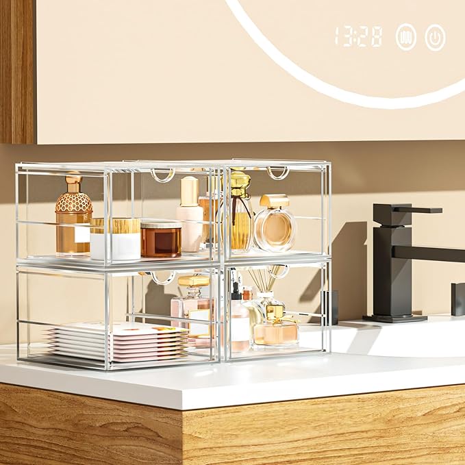 caktraie Acrylic Makeup Organizer, 4 Pack Drawer Organizer - Transparent Desktop Storage for Cosmetics, Office Supplies & More - Clear Organizers for Home & Office Use
