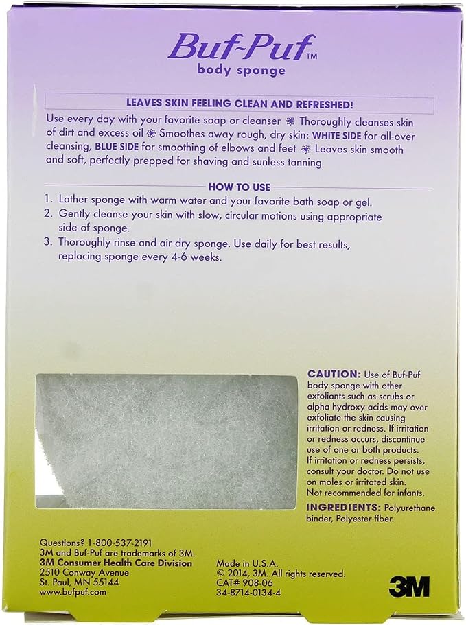Buf-Puf Body Sponge, Bath Sponge, Dermatologist Developed, Cleanses Skin of Dirt, and Excess Oil, Reusable, Exfoliating, 4 Count