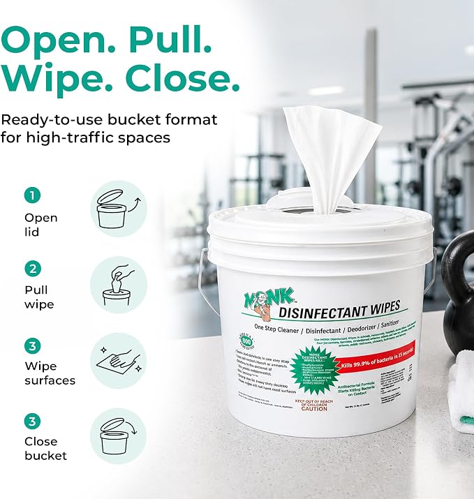 Monk Disinfecting Wipes (2 Buckets of 800 Count) for Commercial Facilities | Heavy Duty Cleaning Wipes - 3in1 Disinfectant, Deodorizer & Sanitizer Cleaning Supplies – All Purpose Cleaner for Home & Gym