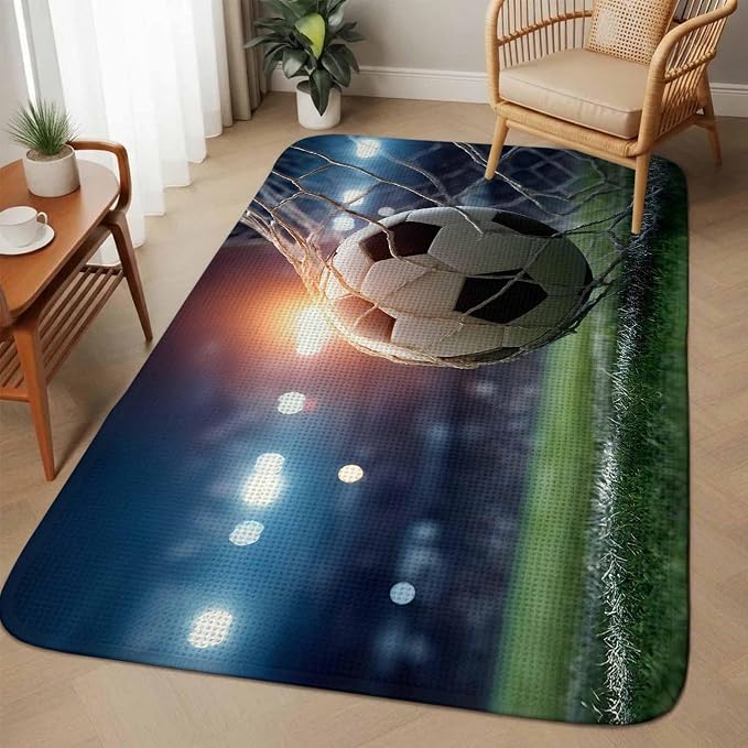 Football Washable Area Rugs for Living Room Bedroom, Large Non Slip Indoor Floor Carpet Absorbent Low Pile Goal Net Soccer Sports Orange Blue Green Door Mat Rugs for Bathroom Entryway 63"x78.7"