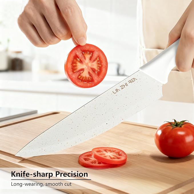 13 Piece Knife Set，Kitchen Knife Block Set，White stainless steel knife set with sharpener for Chopping, Slicing, Dicing & Cutting，Dishwasher safe